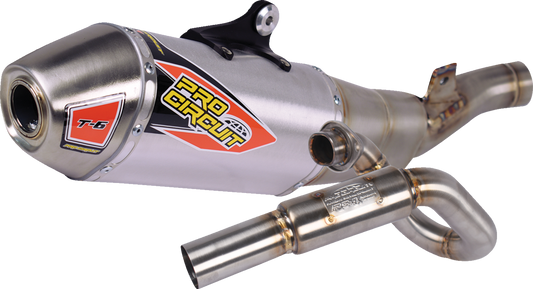 Pro Circuit T-6 exhaust system in stainless steel, with polished finish and carbon fiber end cap, designed for motocross bikes.
