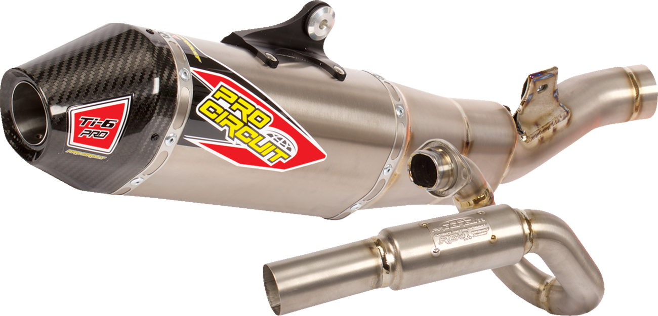 Pro Circuit TI-6 titanium exhaust system for motocross bikes, featuring sleek titanium pipe and high-performance design.