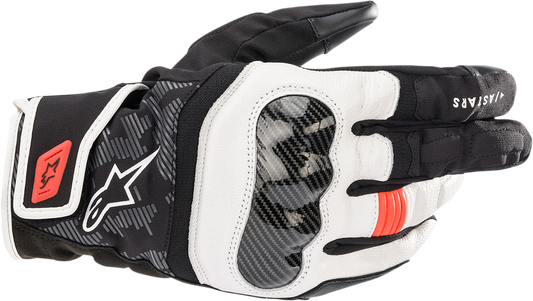 Alpinestars SMX Z Drystar motorcycle gloves in black, white, and fluo red with protective padding, small size.