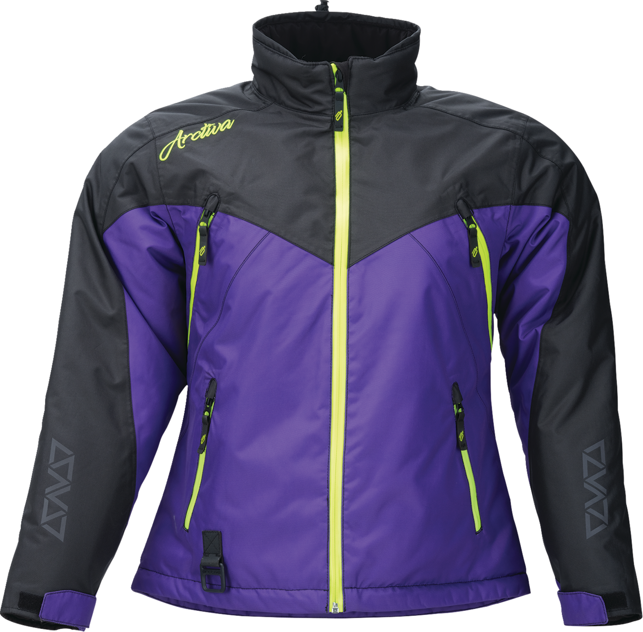 ARCTIVA Women's Pivot 7 insulated jacket in black and purple, featuring a quilted design and front zipper closure.