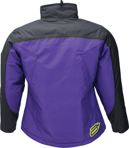 ARCTIVA Women's Pivot 7 insulated jacket in black and purple, showcasing the sleek, insulated design with a hood and zip closure.