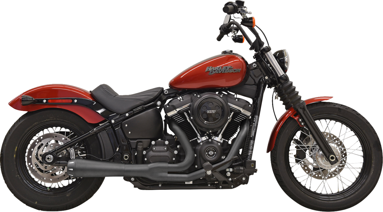 Black BASSANI XHAUST Road Rage III 2-into-1 motorcycle exhaust system with sleek finish and model 1S72RBE, shown from the side.