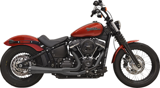 Black BASSANI XHAUST Road Rage III 2-into-1 motorcycle exhaust system with sleek finish and model 1S72RBE, shown from the side.