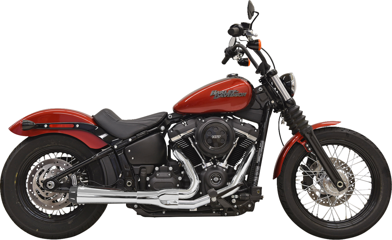 Chrome BASSANI XHAUST Road Rage III 2-into-1 motorcycle exhaust system with polished finish and dual outlets.