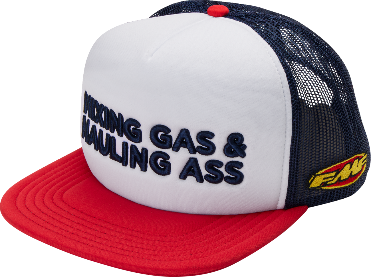 FMF Gass Hat in red, white, and blue five-panel mesh trucker cap with embroidered logo, featuring adjustable strap and breathable design.