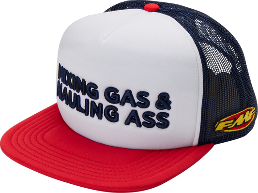 FMF Gass Hat in red, white, and blue five-panel mesh trucker cap with embroidered logo, featuring adjustable strap and breathable design.