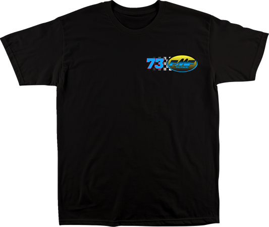 Black FMF Exhaust 500 T-Shirt in XL size, featuring the FMF logo and design, made from comfortable fabric.