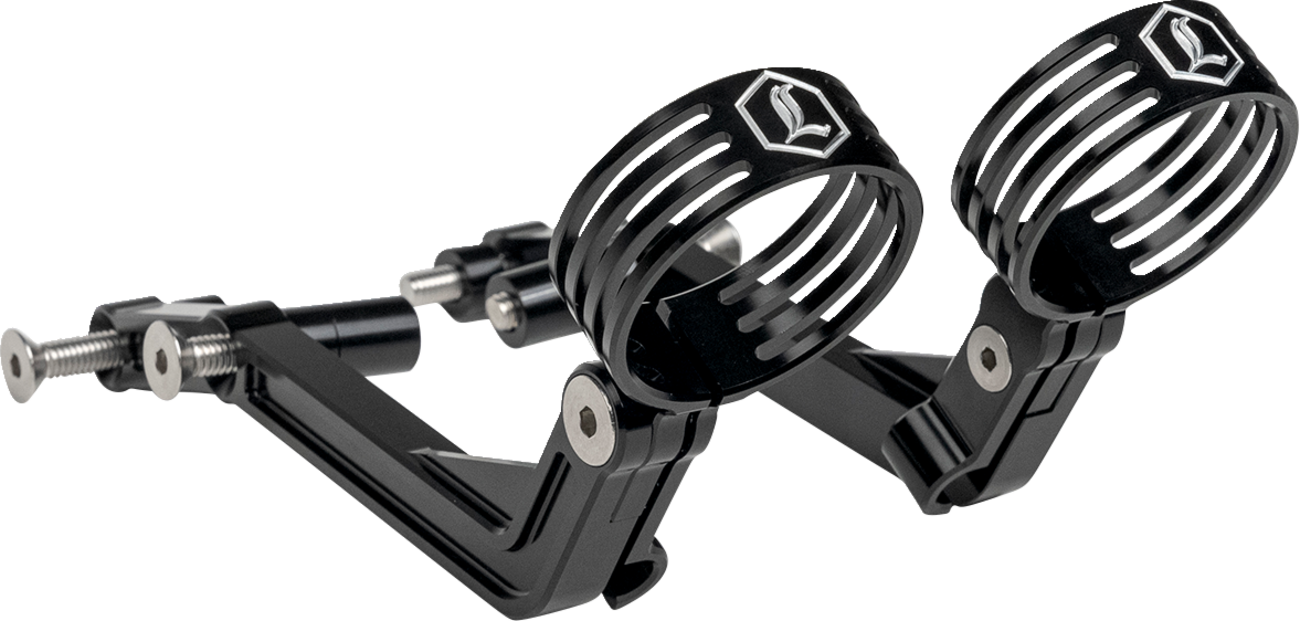 Legend Suspension Revo ARC external reservoir mounts for Harley-Davidson FL Touring 2014+ in black, showcasing the suspension component.