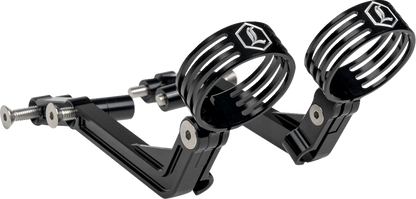 Legend Suspension Revo ARC external reservoir mounts for Harley-Davidson FL Touring 2014+ in black, showcasing the suspension component.