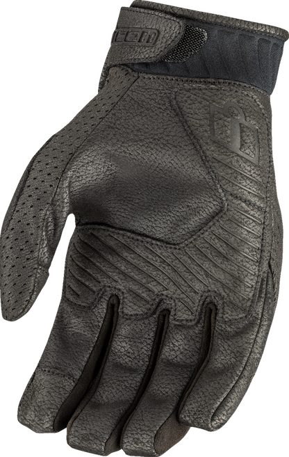 Black ICON Overlord3™ gloves in small size, showing the durable outdoor riding gloves with reinforced palm and adjustable wrist strap.