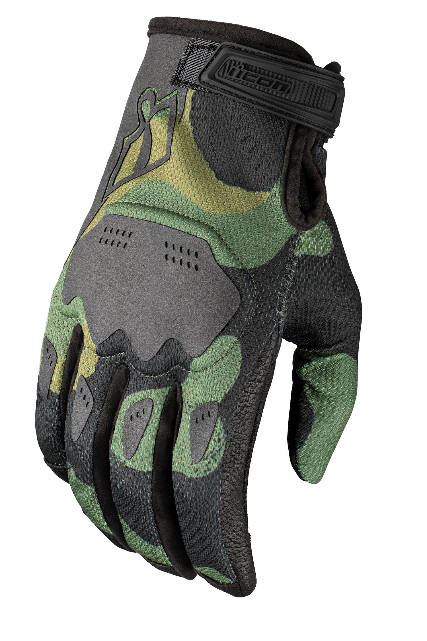ICON Hooligan Magnacross™ gloves in camo green, medium size, showing lightweight motocross gloves with reinforced palms and adjustable wrist closure.