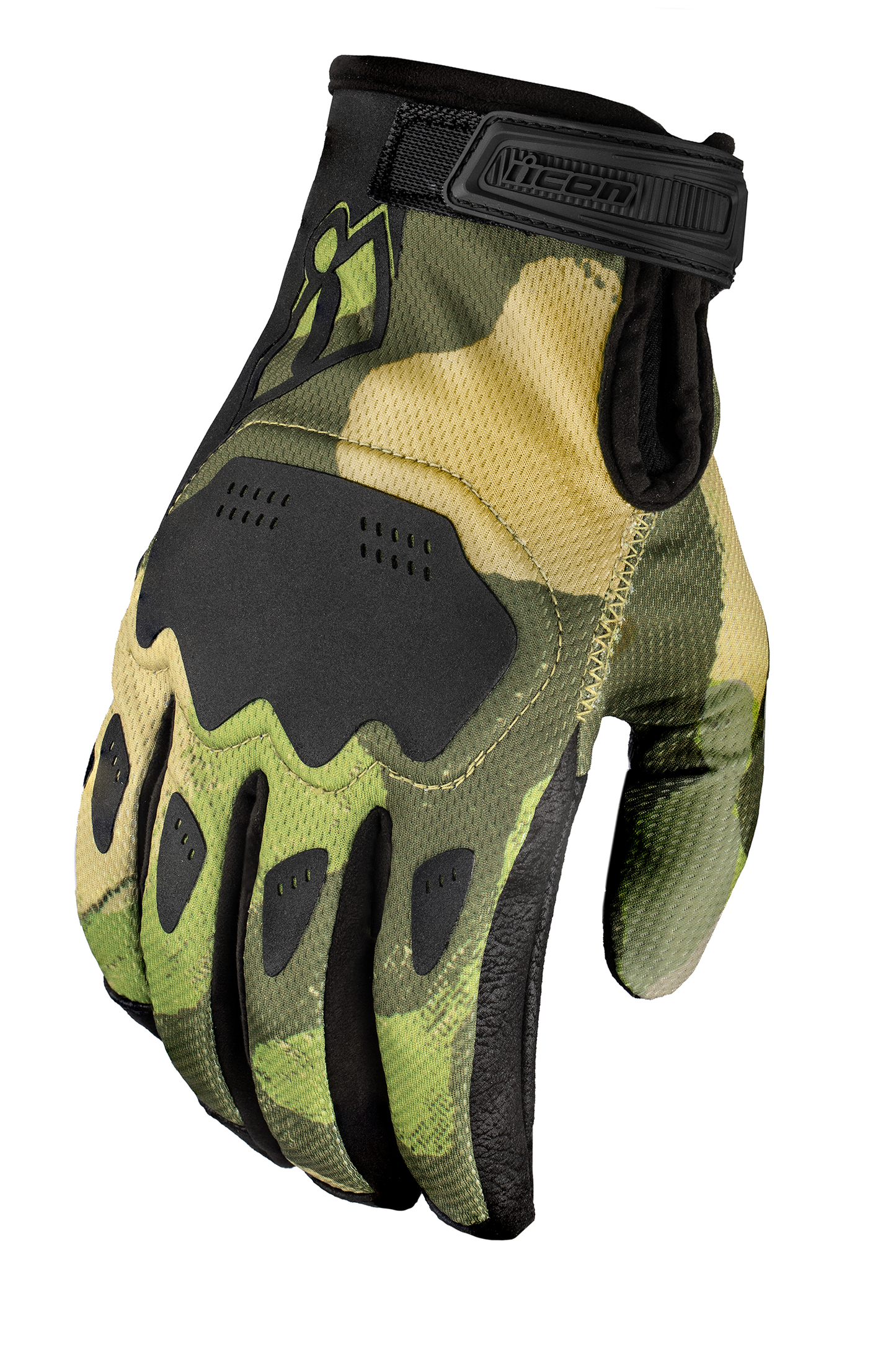 ICON Hooligan Magnacross™ gloves in camo tan, XL size, showing rugged motocross glove design with reinforced palms and adjustable wrist strap.
