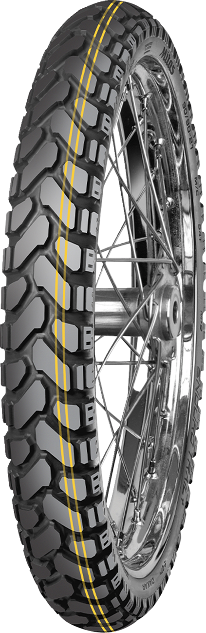 MITAS Enduro Trail+ Dakar front tire for dual sport motorcycles, showing tread pattern and sidewall details.