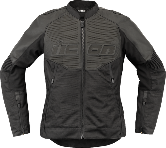 Black ICON Women's Overlord3™ leather jacket with advanced ventilation and impact protection, size XL, shown on a model.