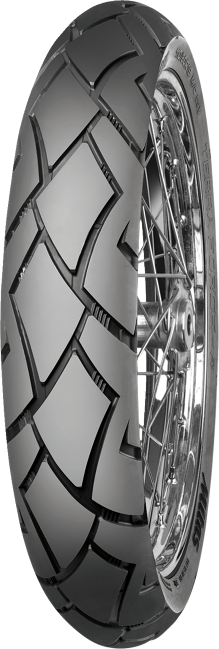 MITAS Terra Force-R front tire 100/90-19 for KTM 1290 Adventure S, all-terrain dual-purpose motorcycle tire in the image.