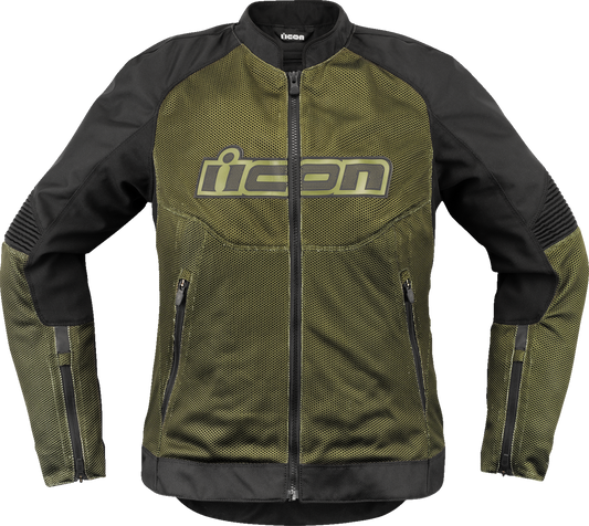 ICON Women's Overlord3 Mesh Jacket in green, 2XL, featuring sport fit, impact protection, and breathable airflow design.