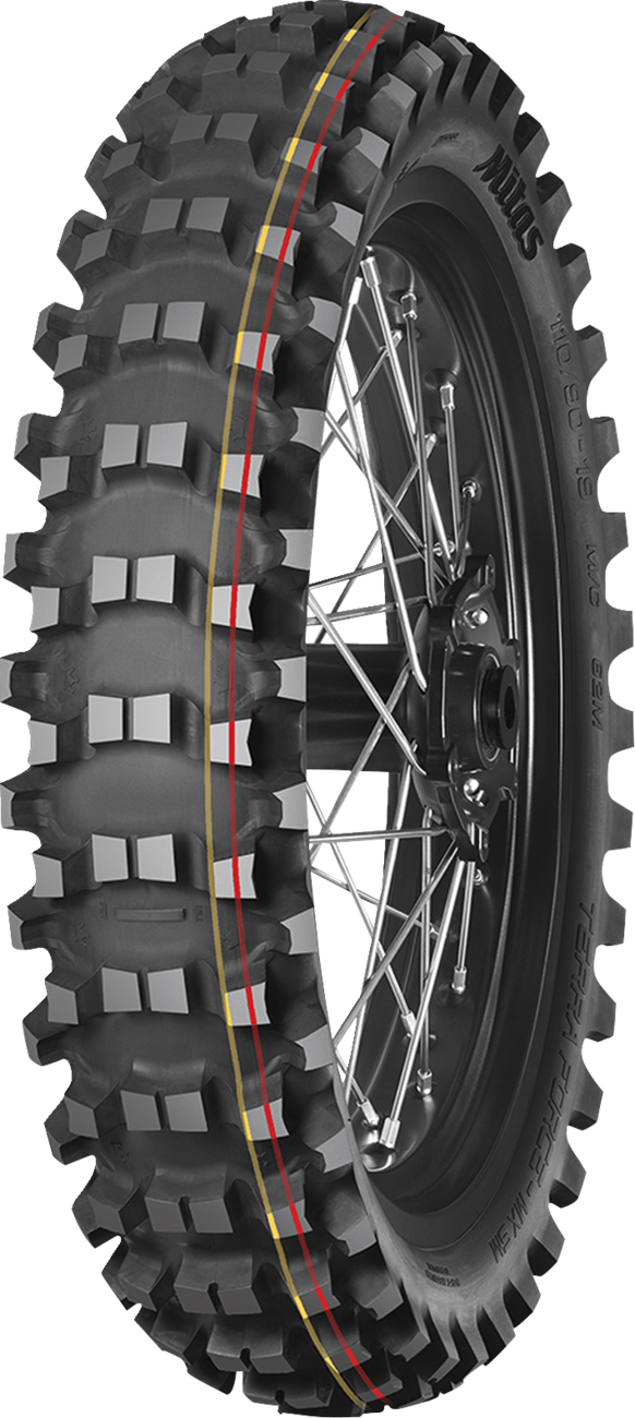 MITAS Terra Force-MX SM rear motocross tire in 70/100-10 size, featuring aggressive tread for soft terrain racing.