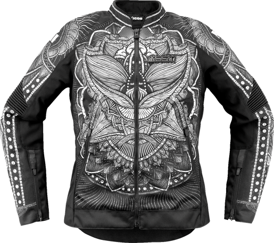 ICON Women's Overlord3 Noble™ Jacket in black, XL, made of durable 1680D and 300D polyester with impact protection.