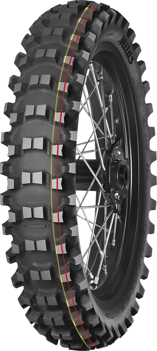 MITAS Terra Force-MX SM rear motorcycle tire, 90/100-14 size, designed for soft to medium terrain racing, showing tread pattern.