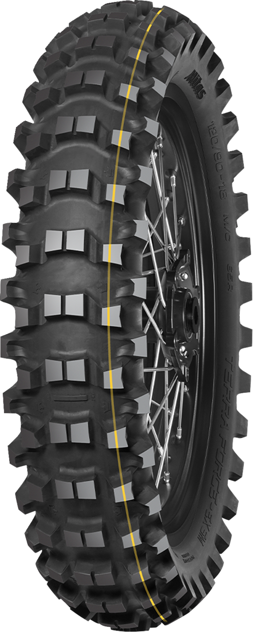 MITAS Terra Force-EX SM motorcycle rear tire, 120/90-18 size, featuring rugged tread for off-road riding and durability.