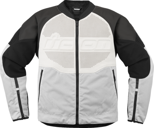 White ICON Overlord3 leather motorcycle jacket with D3O impact protectors, small size, featuring padded armor and sleek design.