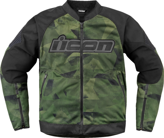 ICON Overlord3 Mesh Camo Jacket 2XL with durable 300D polyester and impact protection, showcasing its camouflage design and protective features.