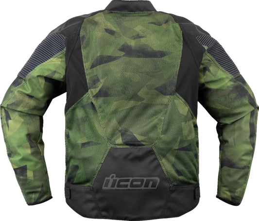 ICON Overlord3 Mesh Camo motorcycle jacket in green, large size, featuring breathable mesh fabric and tactical camo design.