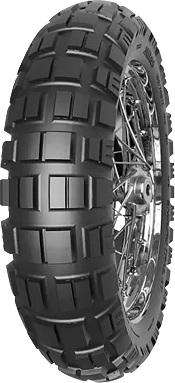 MITAS Enduro Trail-XT rear tire 140/80B17 69H for dual sport and adventure bikes, showing tread pattern and sidewall details.