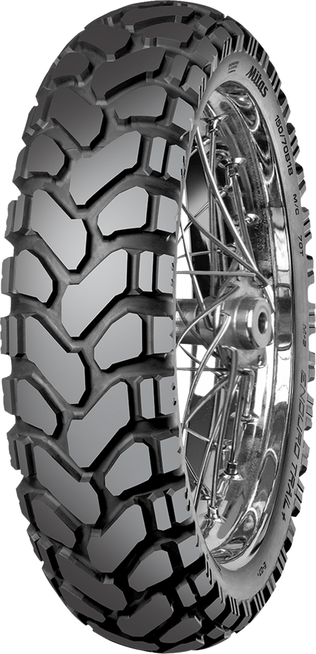 MITAS Enduro Trail+ rear motorcycle tire 4.00-18 64H for dual sport and adventure bikes, showing tread pattern and sidewall.