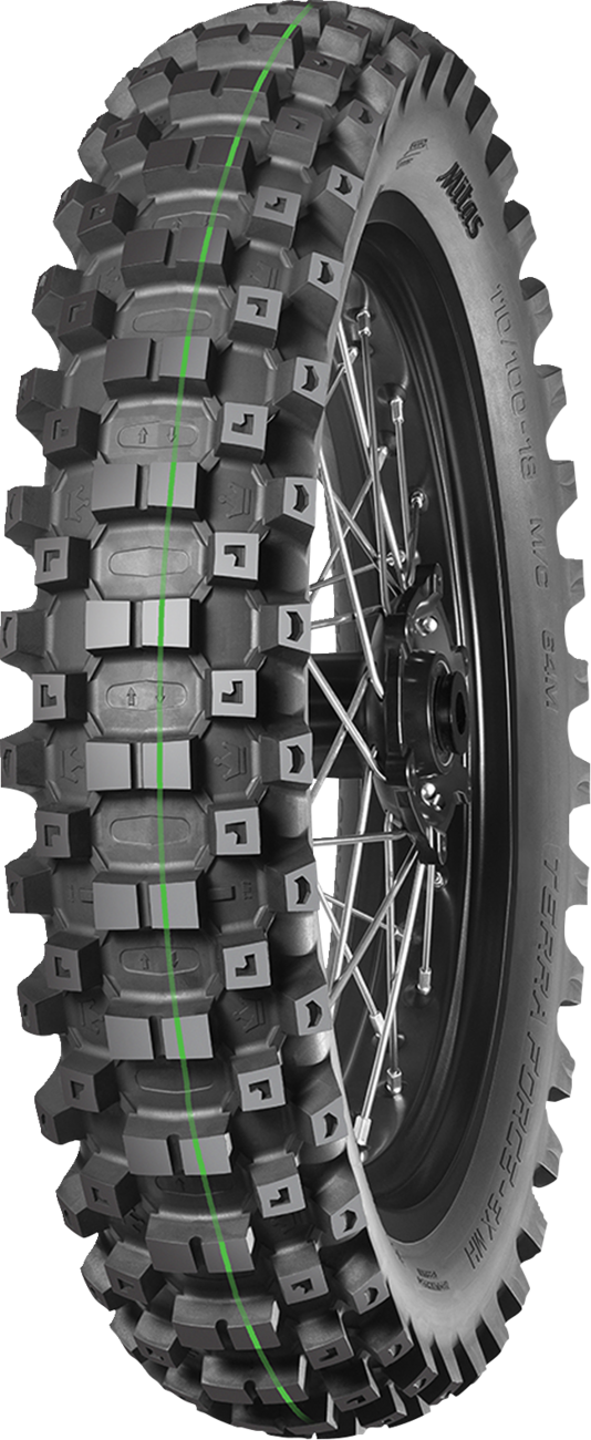MITAS Terra Force-EX MH super light rear motorcycle tire 120/90-18 for enduro and dual sport riding, shown mounted on bike wheel