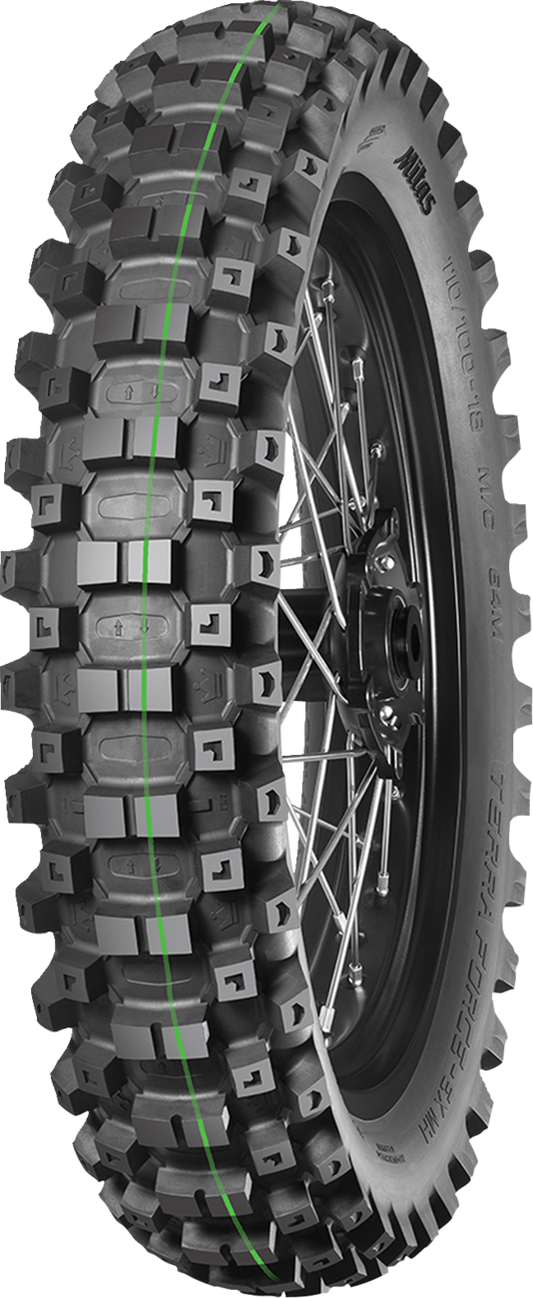 MITAS Terra Force-EX MH super light rear motorcycle tire 120/90-18 for enduro and dual sport riding, shown mounted on bike wheel