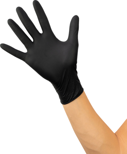 Pair of blue PARTS UNLIMITED Nitrile Gloves 6.5 Mil, 2XL size, shown in a 90-pack for industrial or medical use.