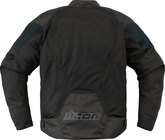 ICON Overlord3 Mesh jacket in black, size small, showcasing breathable motorcycle riding gear with mesh panels for hot weather riding.