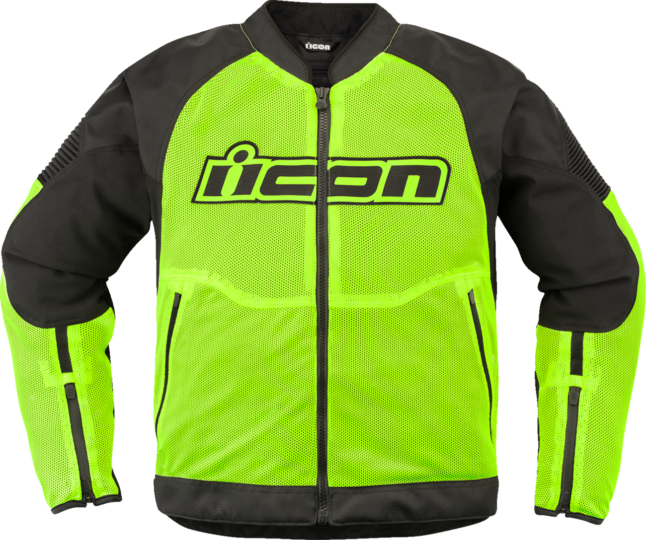 ICON Overlord3 Mesh Hi-Viz Yellow Motorcycle Jacket in large, with reflective details and protective features.