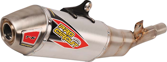 Pro Circuit T-6 slip-on muffler in stainless steel with sleek design, showcasing the exhaust tip and branding details.