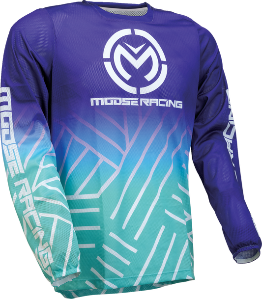 Moose Offroad Sahara Jersey in purple and turquoise, medium size, featuring offroad-inspired design and breathable fabric.