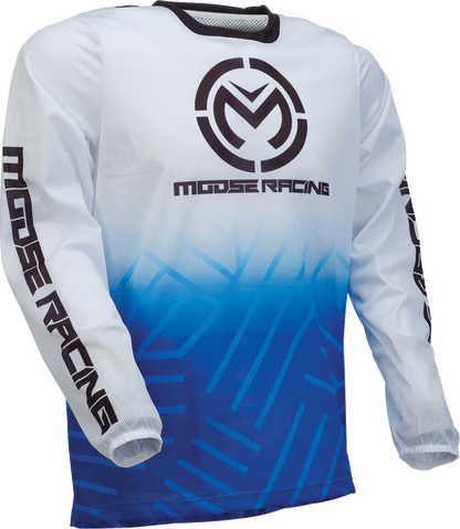 Moose Offroad Sahara Jersey in blue and white, medium size, off-road riding apparel with breathable fabric and sporty design.