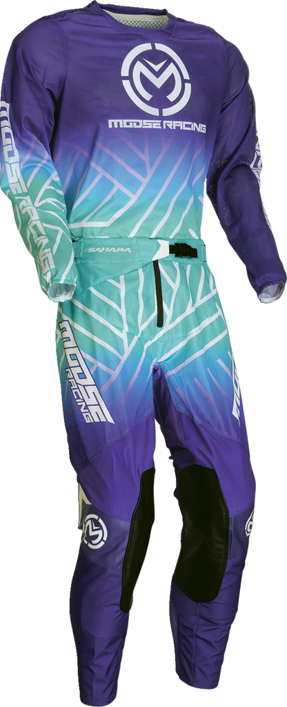 Purple and turquoise Moose Offroad Sahara jersey in small size, showcasing breathable fabric and off-road adventure design.