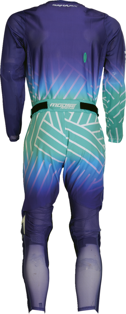 Moose Offroad Sahara jersey in purple and turquoise, medium size, with bold graphic design and off-road branding.