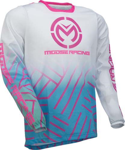 Moose Offroad Sahara Jersey in pink, blue, and white, small size, with bold graphic design and moisture-wicking fabric.