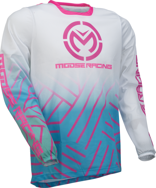 Moose Offroad Sahara Jersey in pink, blue, and white, large size, showcasing lightweight off-road riding apparel with bold color design.