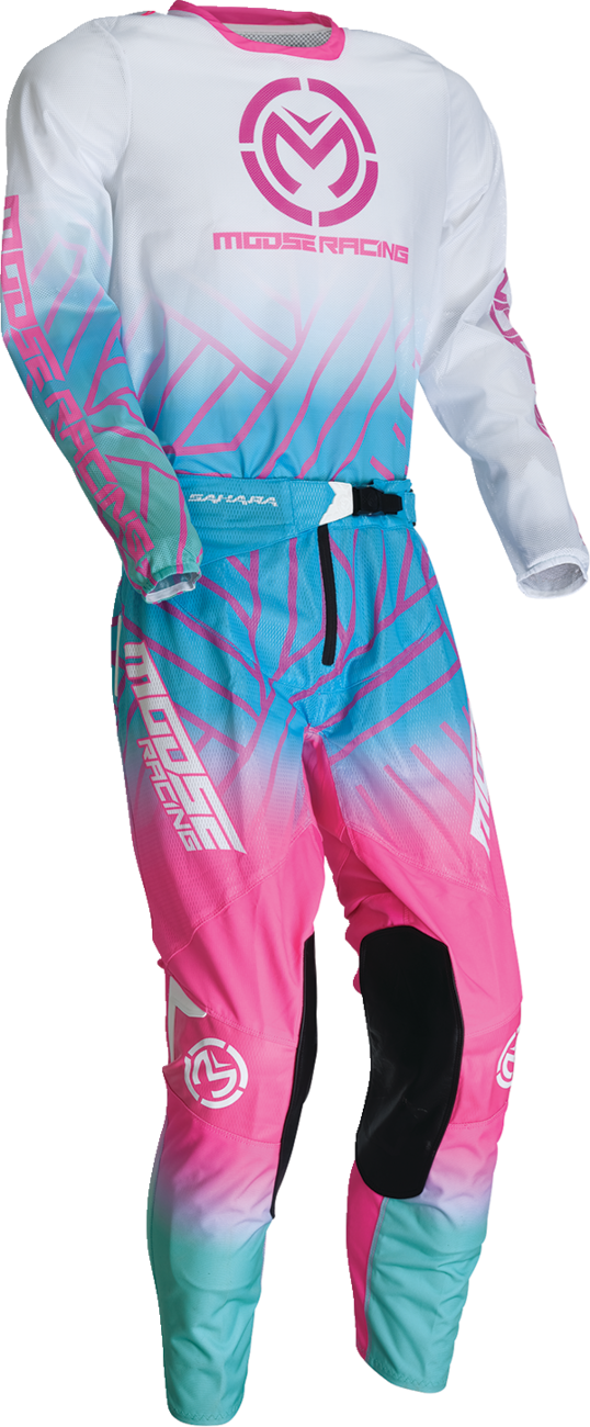 Pink, blue, and white Moose Offroad Sahara jersey in small size, featuring offroad-themed graphics and breathable fabric.
