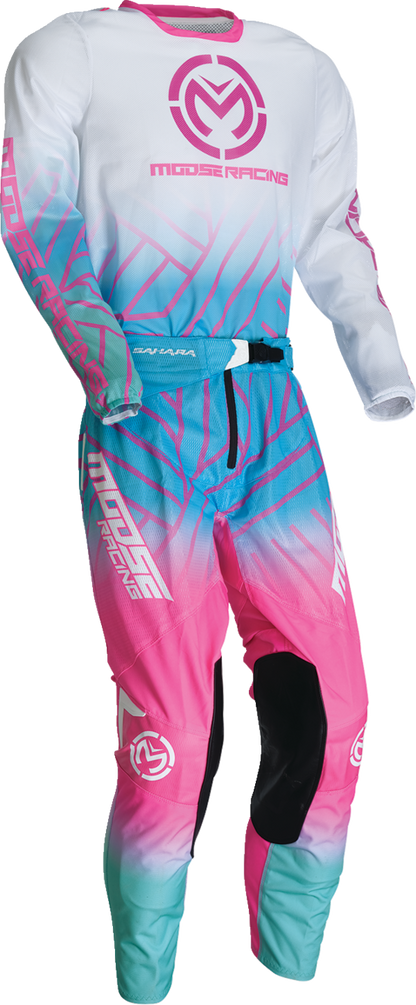 Pink, blue, and white Moose Offroad Sahara jersey in small size, featuring offroad-themed graphics and breathable fabric.