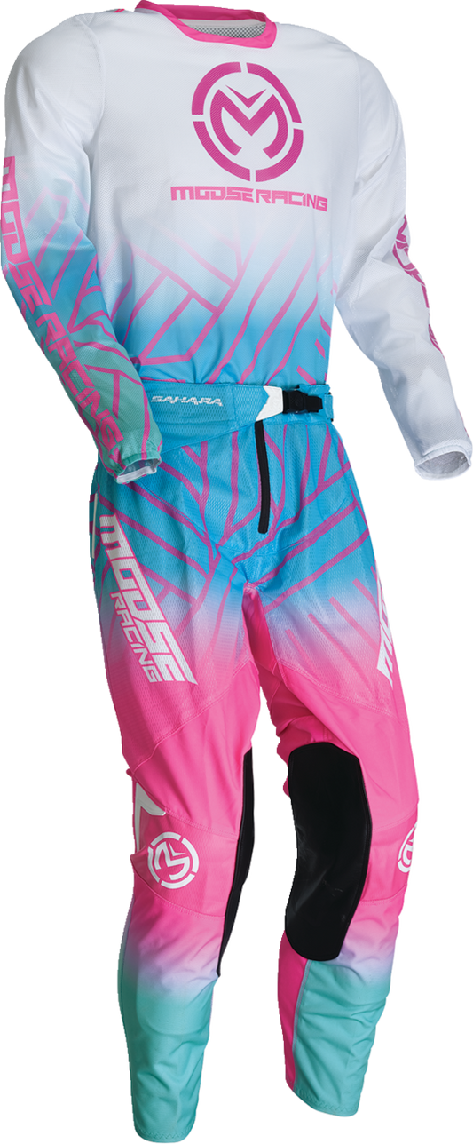 Pink, blue, and white Moose Offroad Sahara jersey in small size, featuring offroad-themed graphics and breathable fabric.