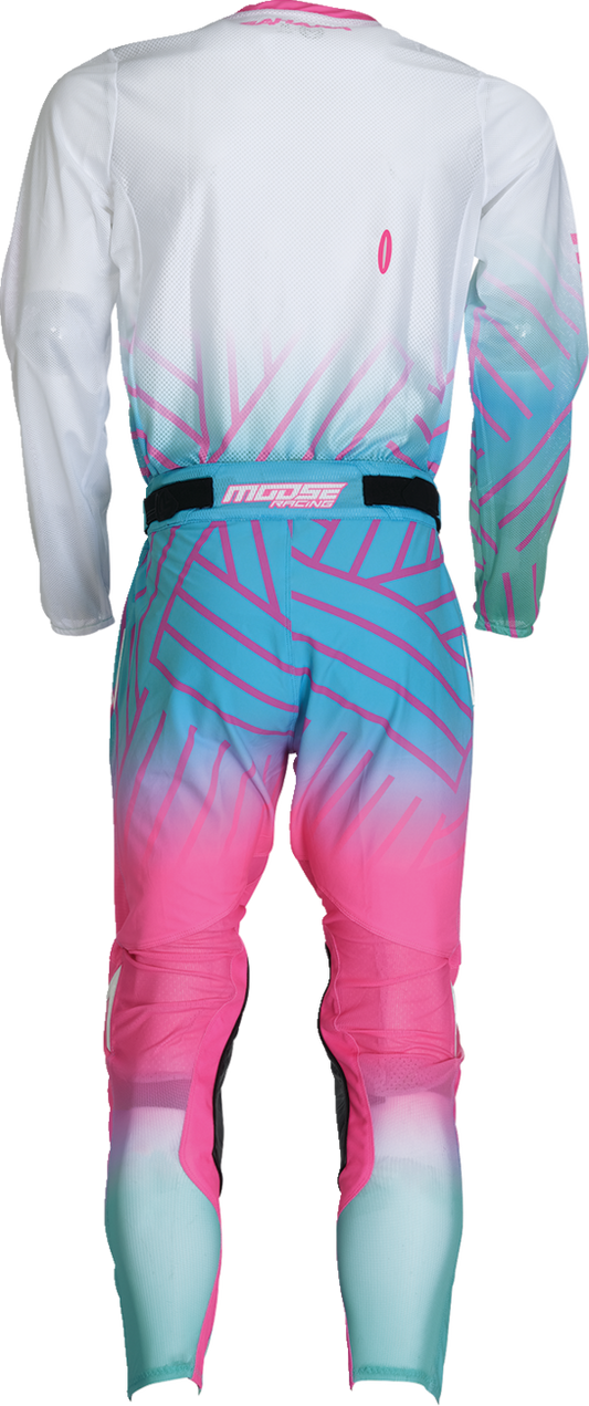 Moose Offroad Sahara jersey in pink, blue, and white, large size, featuring bold off-road graphic design and breathable fabric.