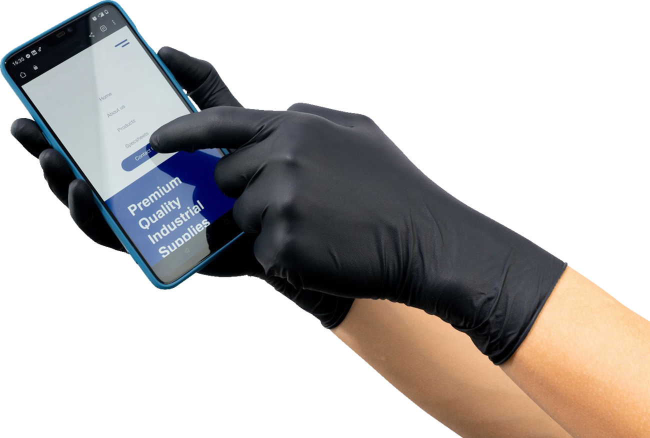 Pair of blue PARTS UNLIMITED nitrile gloves in 2XL size, 6.5 mil thickness, shown in a 90-pack.