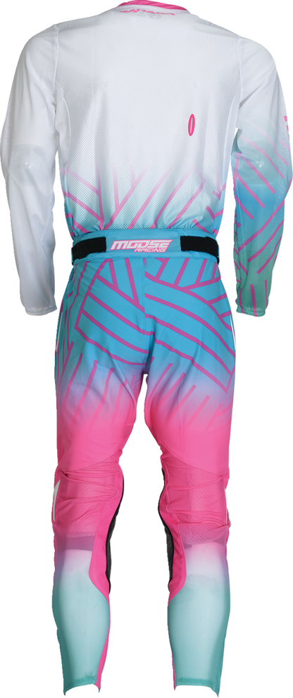 Moose Offroad Sahara Jersey in pink, blue, and white, small size, featuring bold off-road graphic on lightweight fabric.