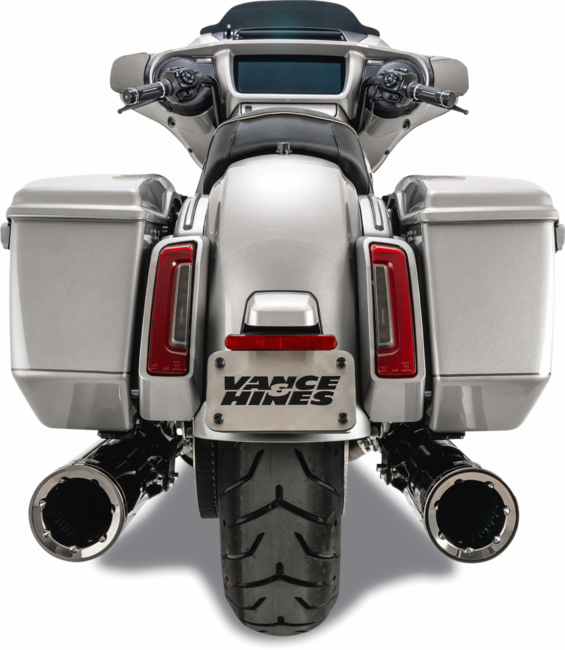 VANCE & HINES Hi-Output Slip-On Mufflers in dark chrome for high-performance motorcycles, 4.5-inch diameter, visible on motorcycle.