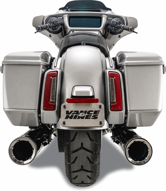 VANCE & HINES Hi-Output Slip-On Mufflers in dark chrome for high-performance motorcycles, 4.5-inch diameter, visible on motorcycle.