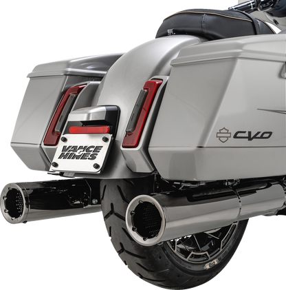 Vance & Hines Hi-Output Slip-On Mufflers in dark chrome with 4.5-inch diameter on a high-performance motorcycle